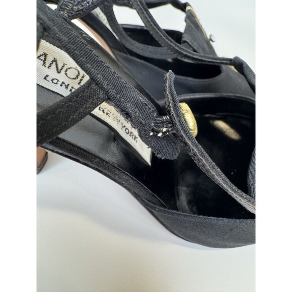 Vintage Manolo Blahnik Size 37 6 Heels Slingback Pointy Black Gold Fabric - Picture 13 of 16